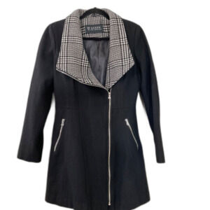 GUESS Wool Blend zip up  Winter Coat women’s size M black houndstooth trim